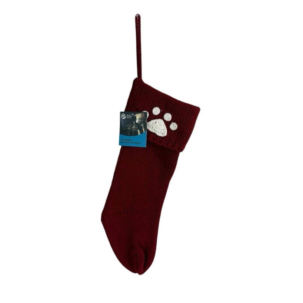 Humane Society Red White Dog Cat Paw Print Christmas Sweater Stocking 26" NEW